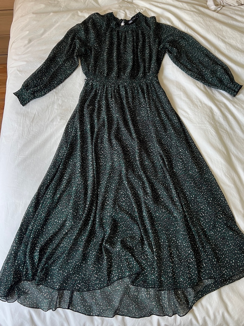 Zara - Dark Green Printed Long Sleeve Dress